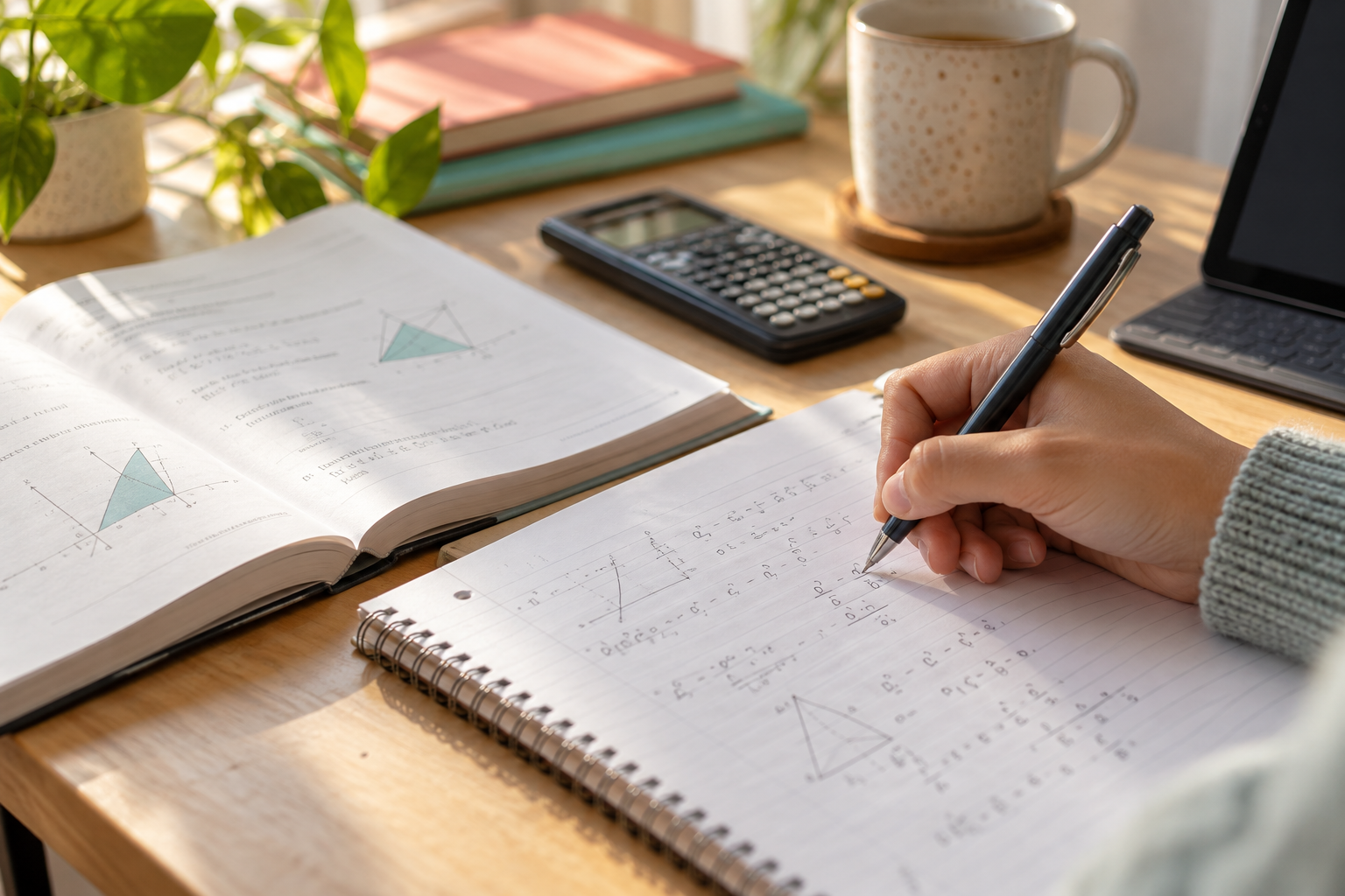 Learner writing through a maths problem with a workbook and calculator nearby