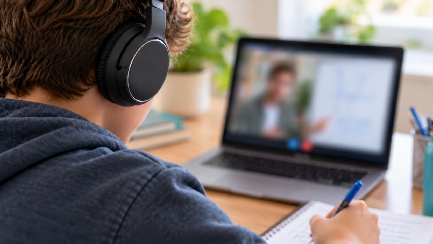 Student wearing headphones and taking notes during an online tutoring session with the laptop content softly out of focus