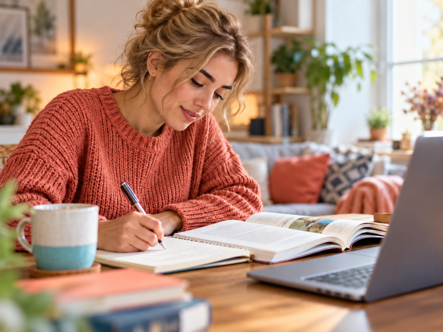 Blonde adult learner in a coral jumper reading and writing notes beside an open book and laptop