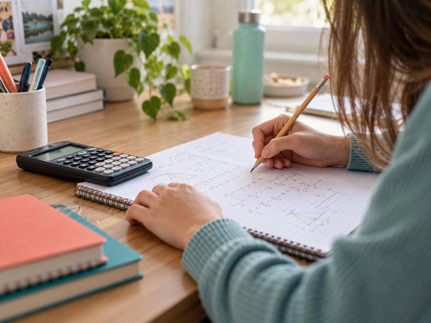Learner working through maths problems with a notebook and calculator