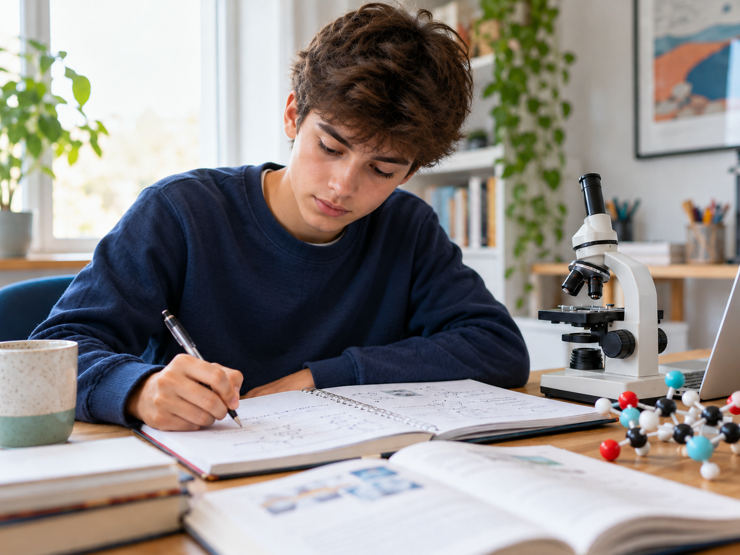 Teenage boy studying science with a microscope, notebook and molecular model